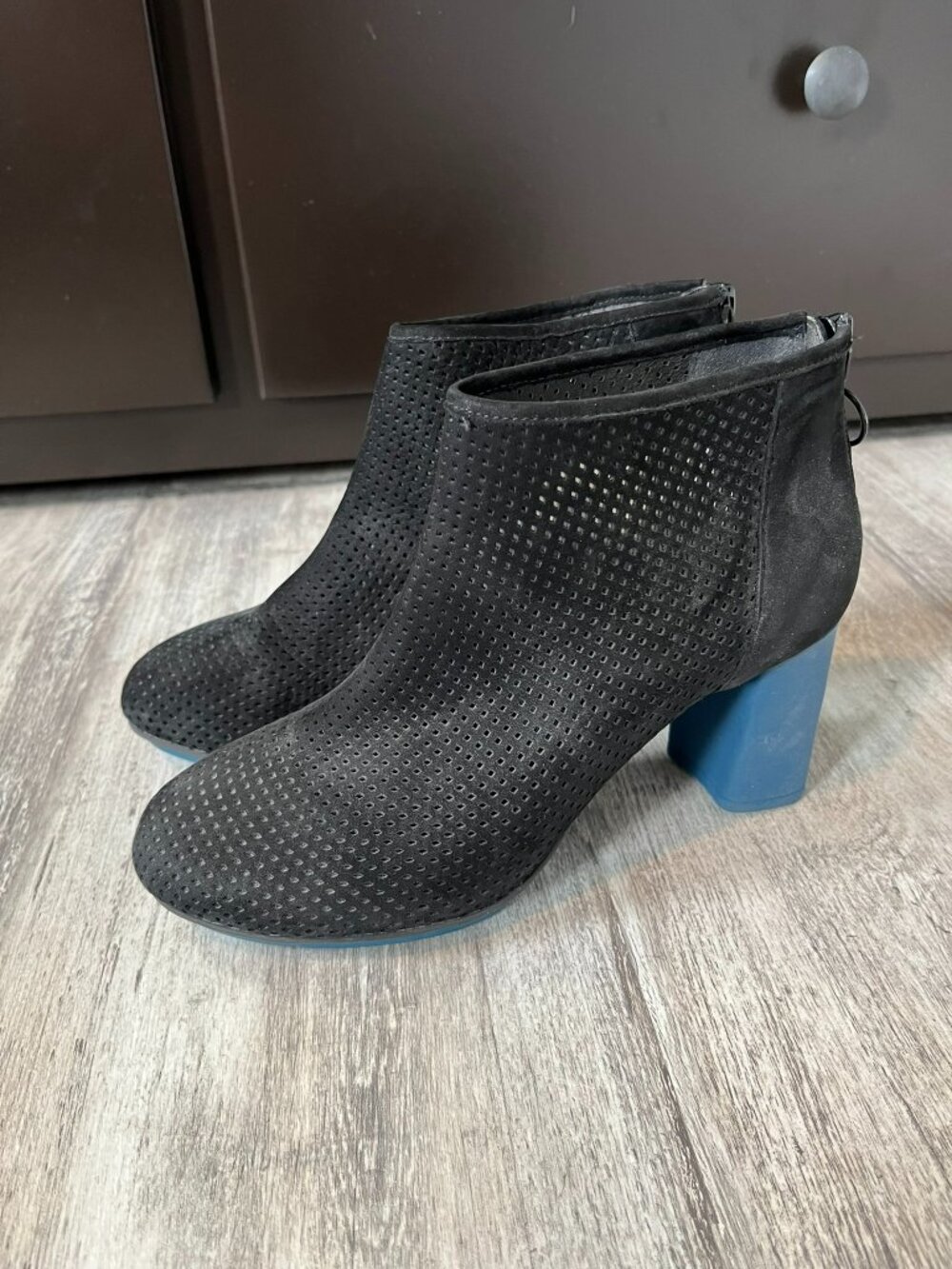Camper Myriam Perf Nubuck Leather Booties, Black + Blue Heel, EU 36 / US 6